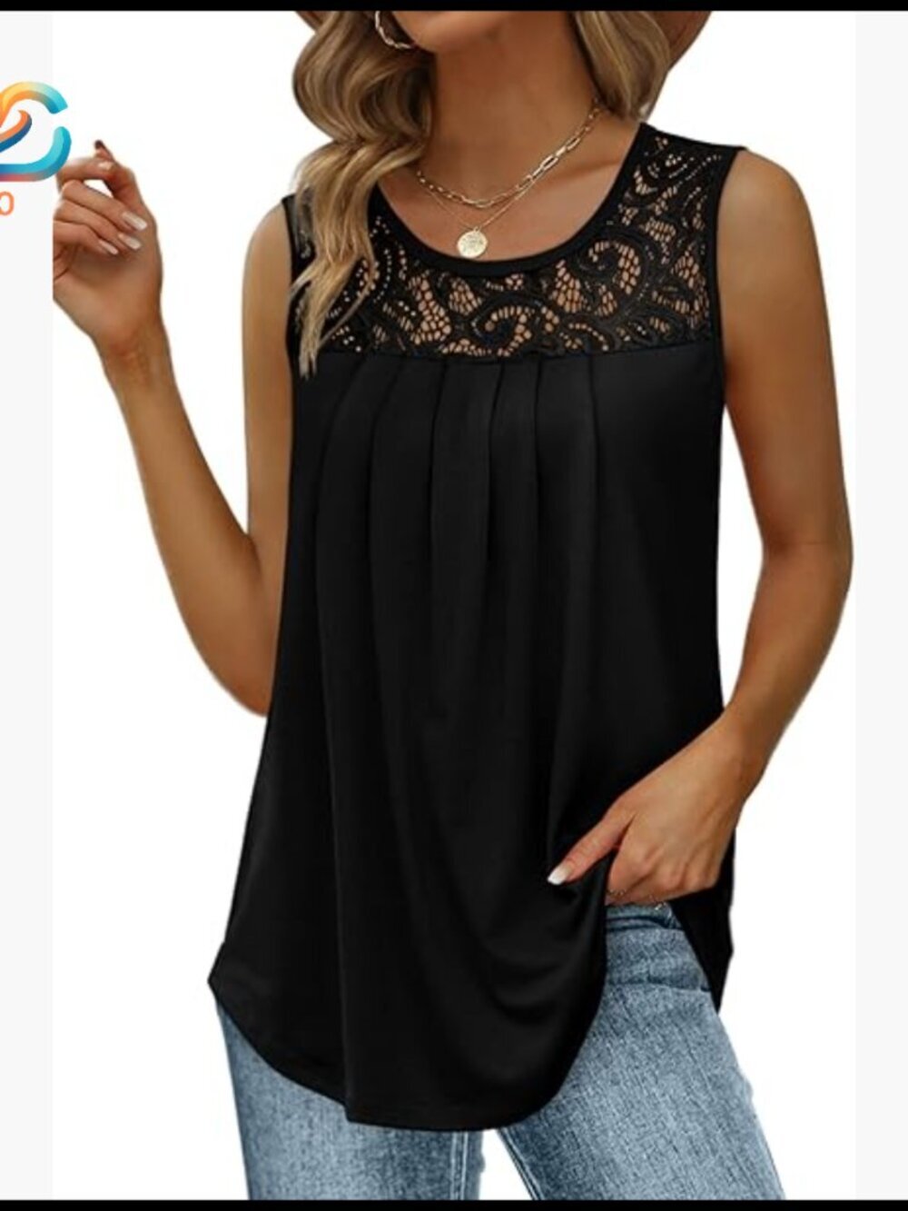 Loose Fit Pleated Tank Top Scoop Neck Lace Detail Summer Tunic